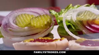 Family Strokes - Lucky Guy Fucks Stepmom and Stepsis During Independence Day Celebration